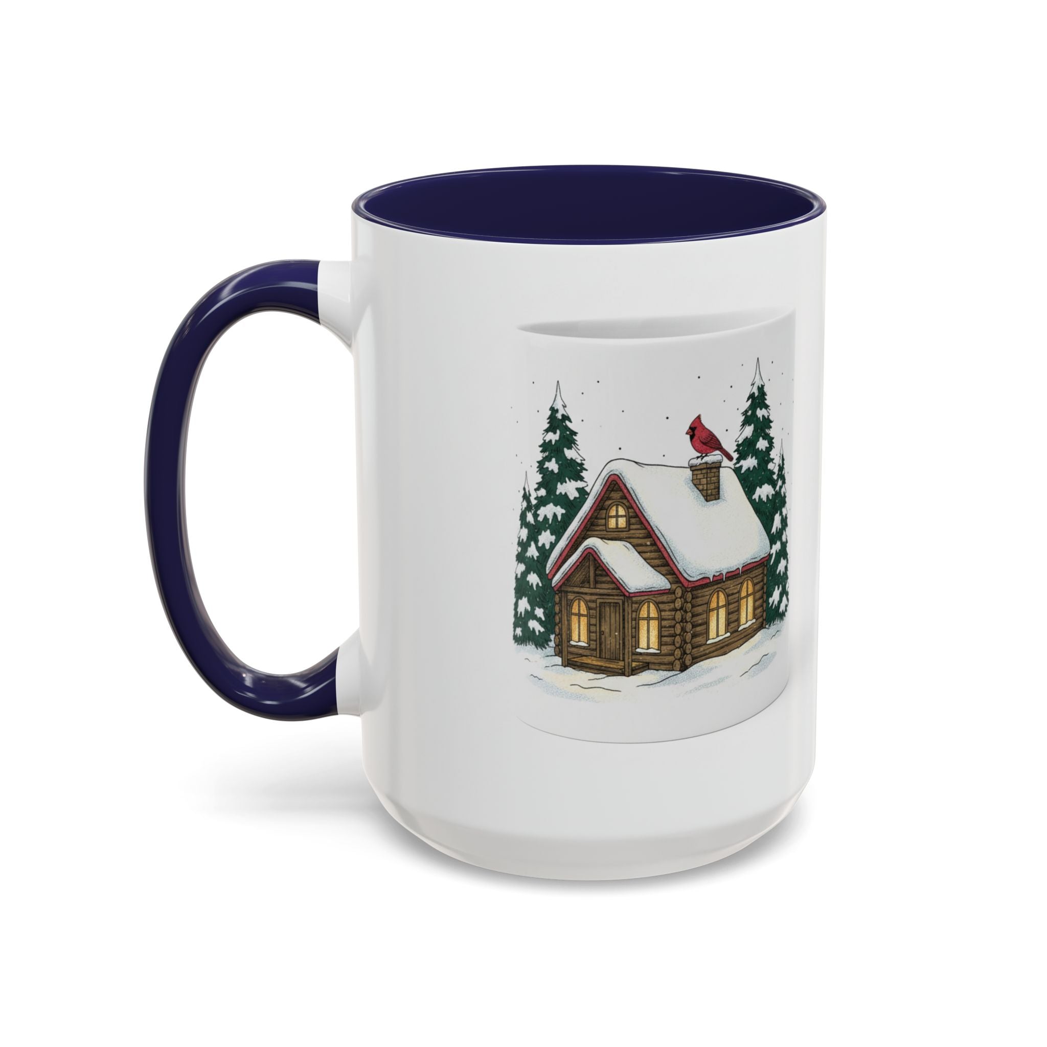 Winter Cabin Coffee Mug — Snowy Log Cottage with Cardinal Accent (11/15oz)