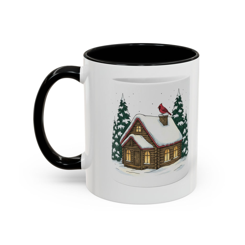 Winter Cabin Coffee Mug — Snowy Log Cottage with Cardinal Accent (11/15oz)