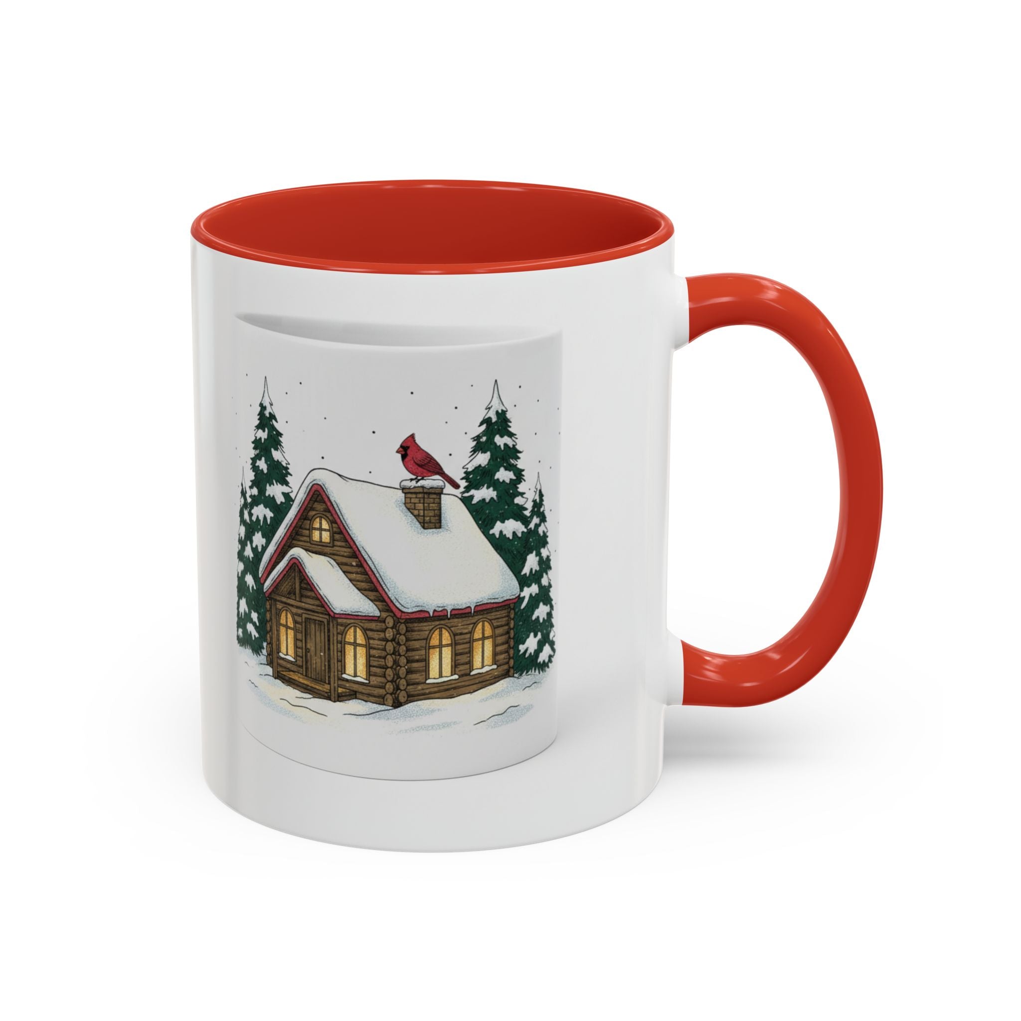 Winter Cabin Coffee Mug — Snowy Log Cottage with Cardinal Accent (11/15oz)