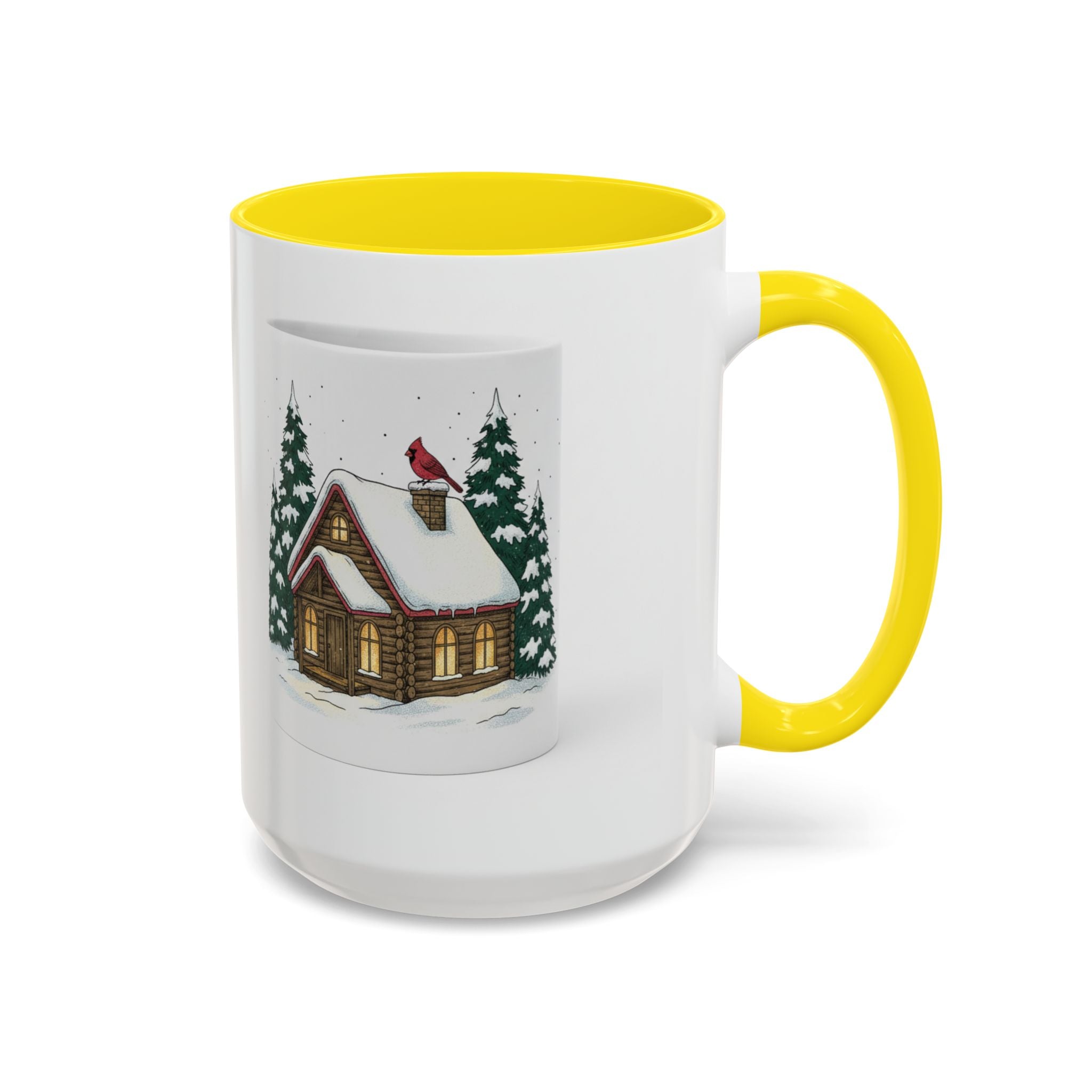 Winter Cabin Coffee Mug — Snowy Log Cottage with Cardinal Accent (11/15oz)