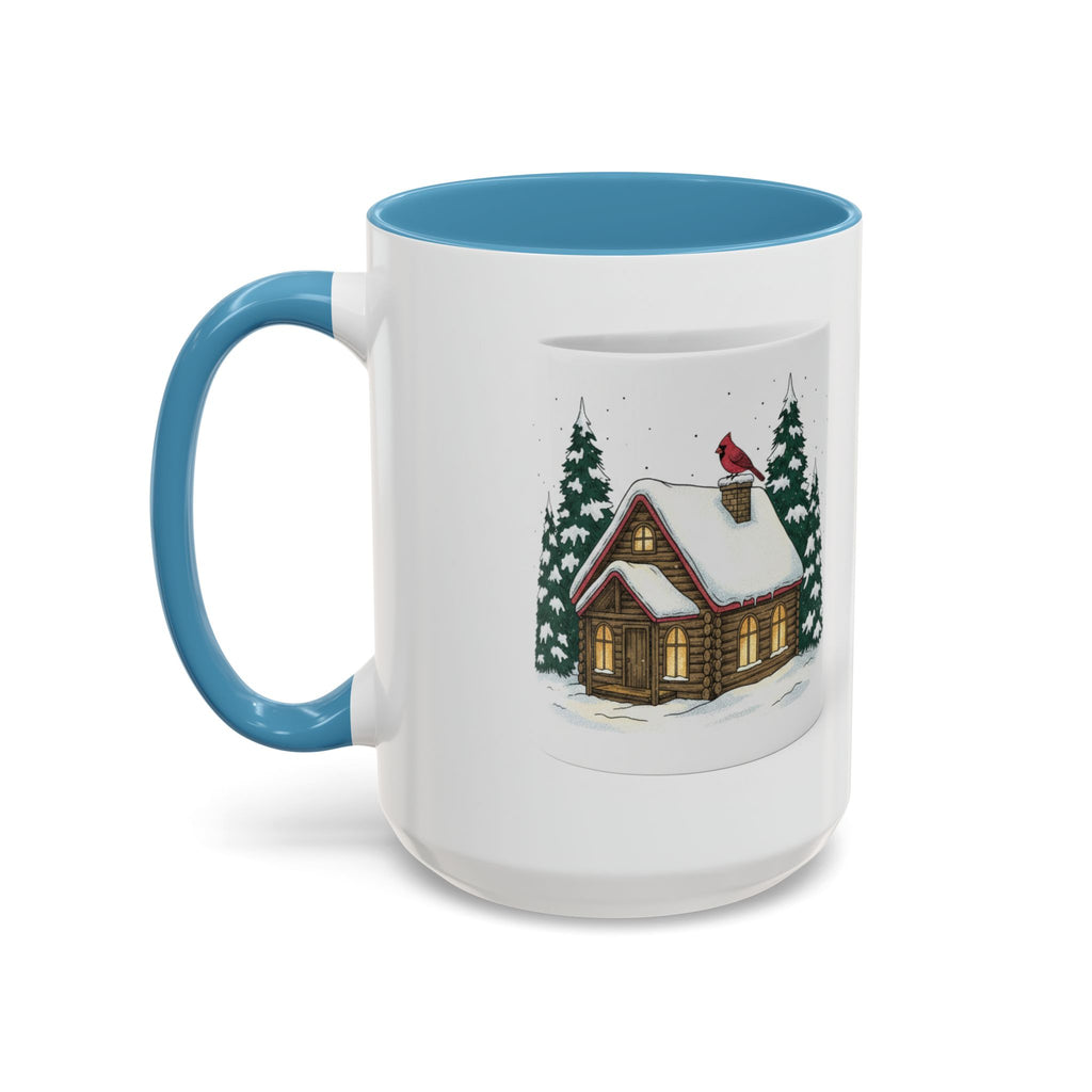 Winter Cabin Coffee Mug — Snowy Log Cottage with Cardinal Accent (11/15oz)