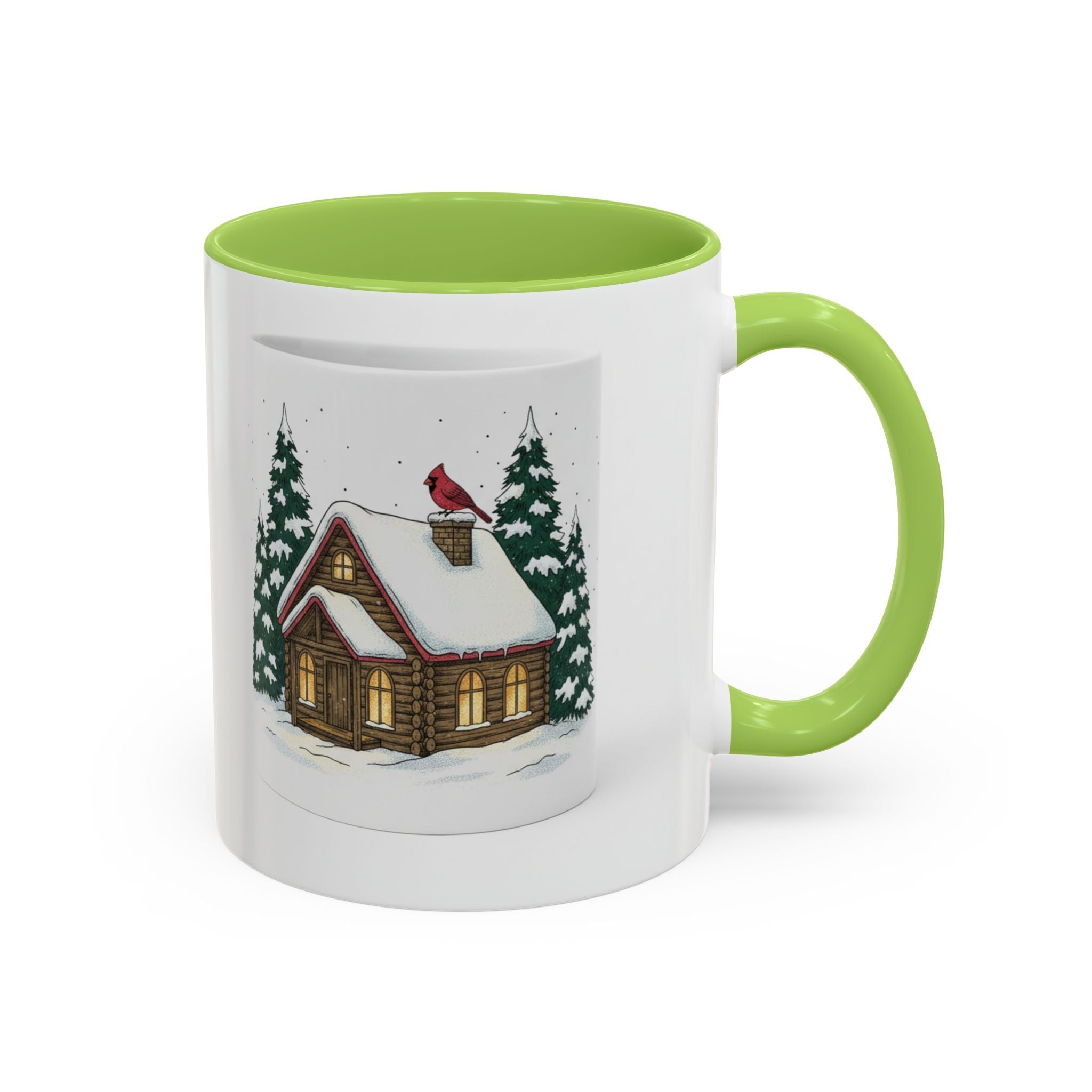 Winter Cabin Coffee Mug — Snowy Log Cottage with Cardinal Accent (11/15oz)