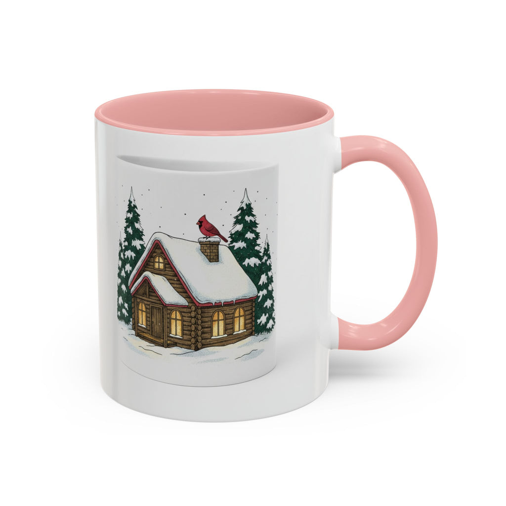 Winter Cabin Coffee Mug — Snowy Log Cottage with Cardinal Accent (11/15oz)