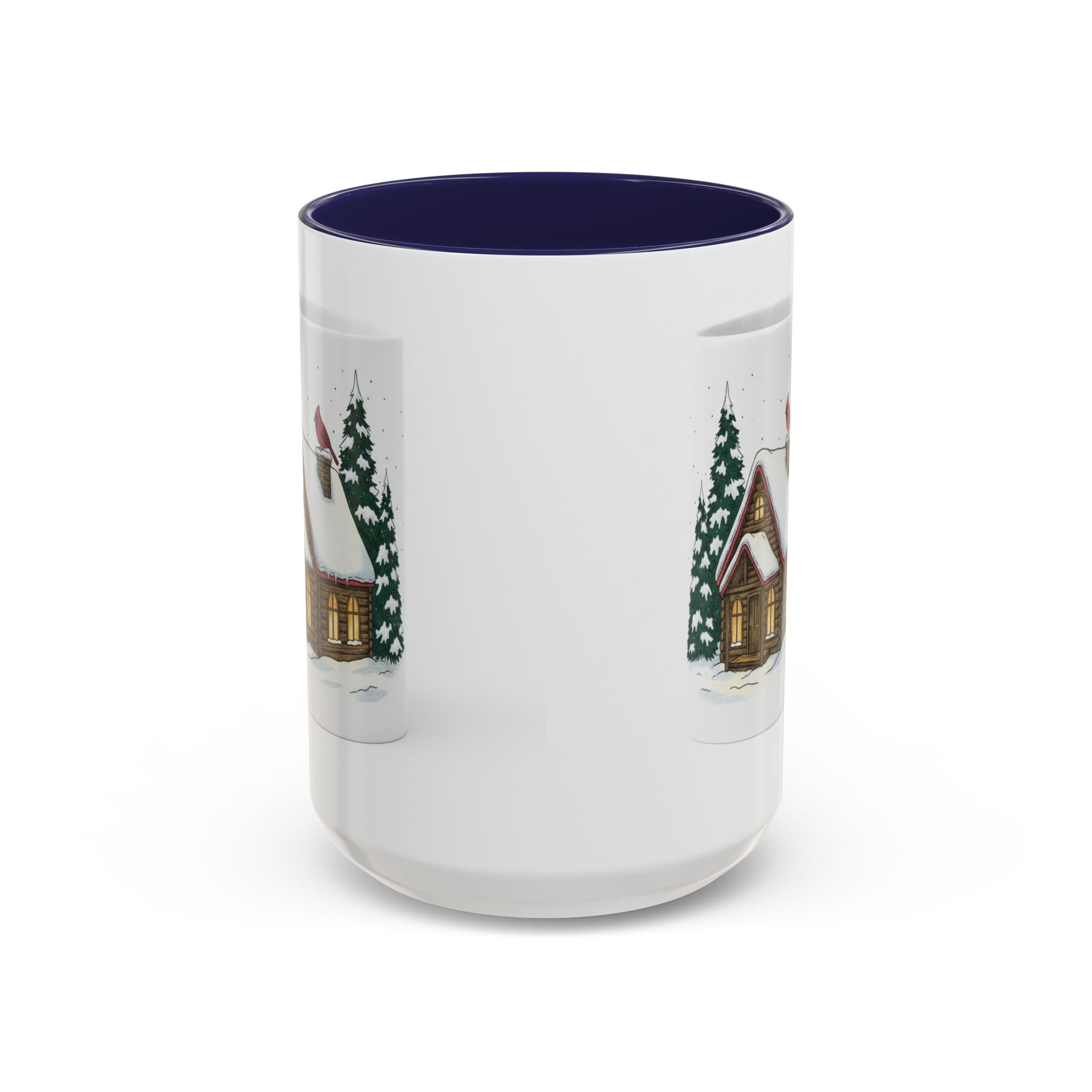Winter Cabin Coffee Mug — Snowy Log Cottage with Cardinal Accent (11/15oz)