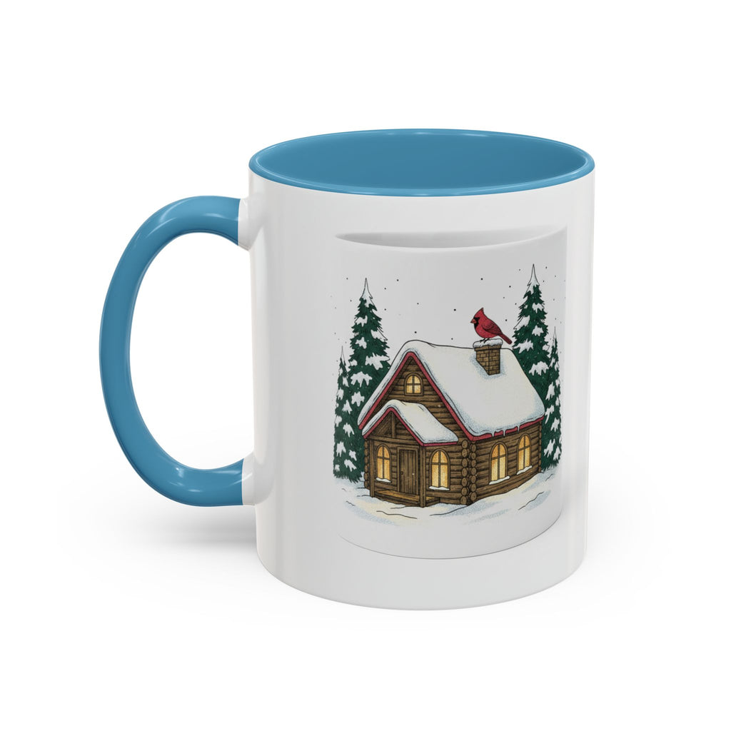 Winter Cabin Coffee Mug — Snowy Log Cottage with Cardinal Accent (11/15oz)