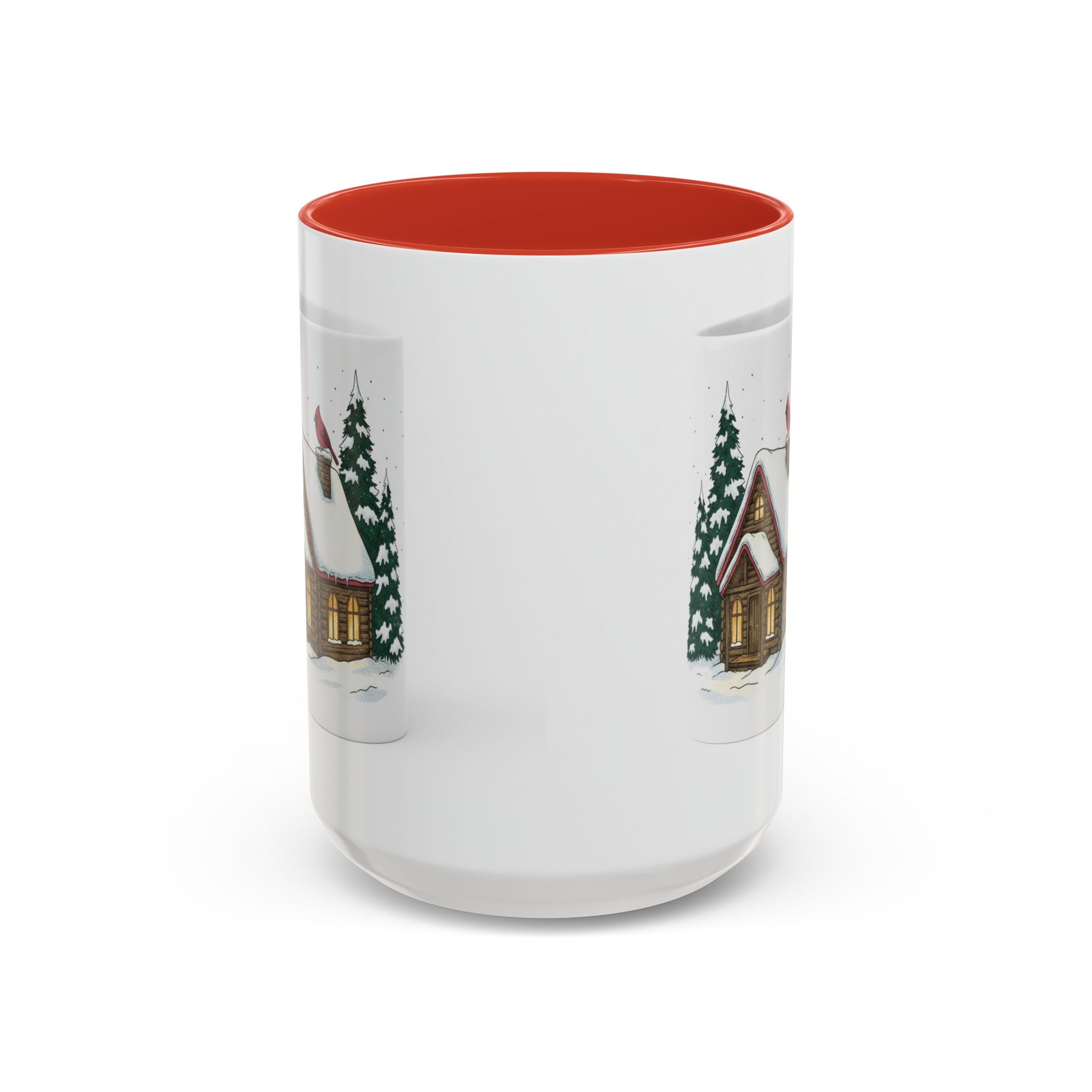 Winter Cabin Coffee Mug — Snowy Log Cottage with Cardinal Accent (11/15oz)