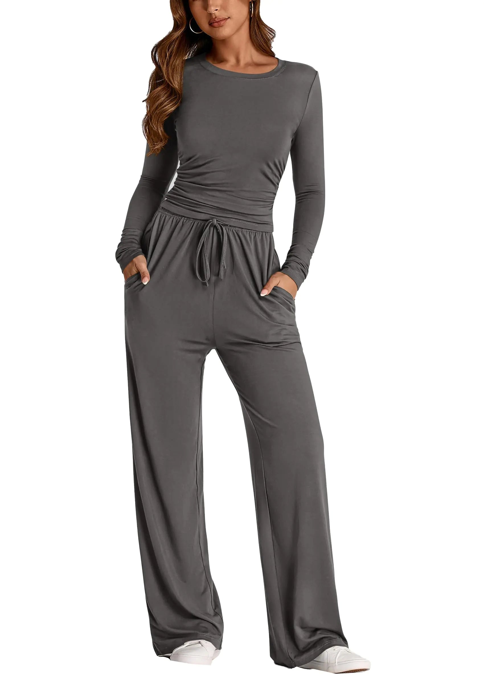 PRETTYGARDEN Womens Fall Two Piece Outfits Track Suits Long Sleeve Crop Tops Tee Shirts Wide Leg Pants Matching Lounge Sets (Dark GreySmall)