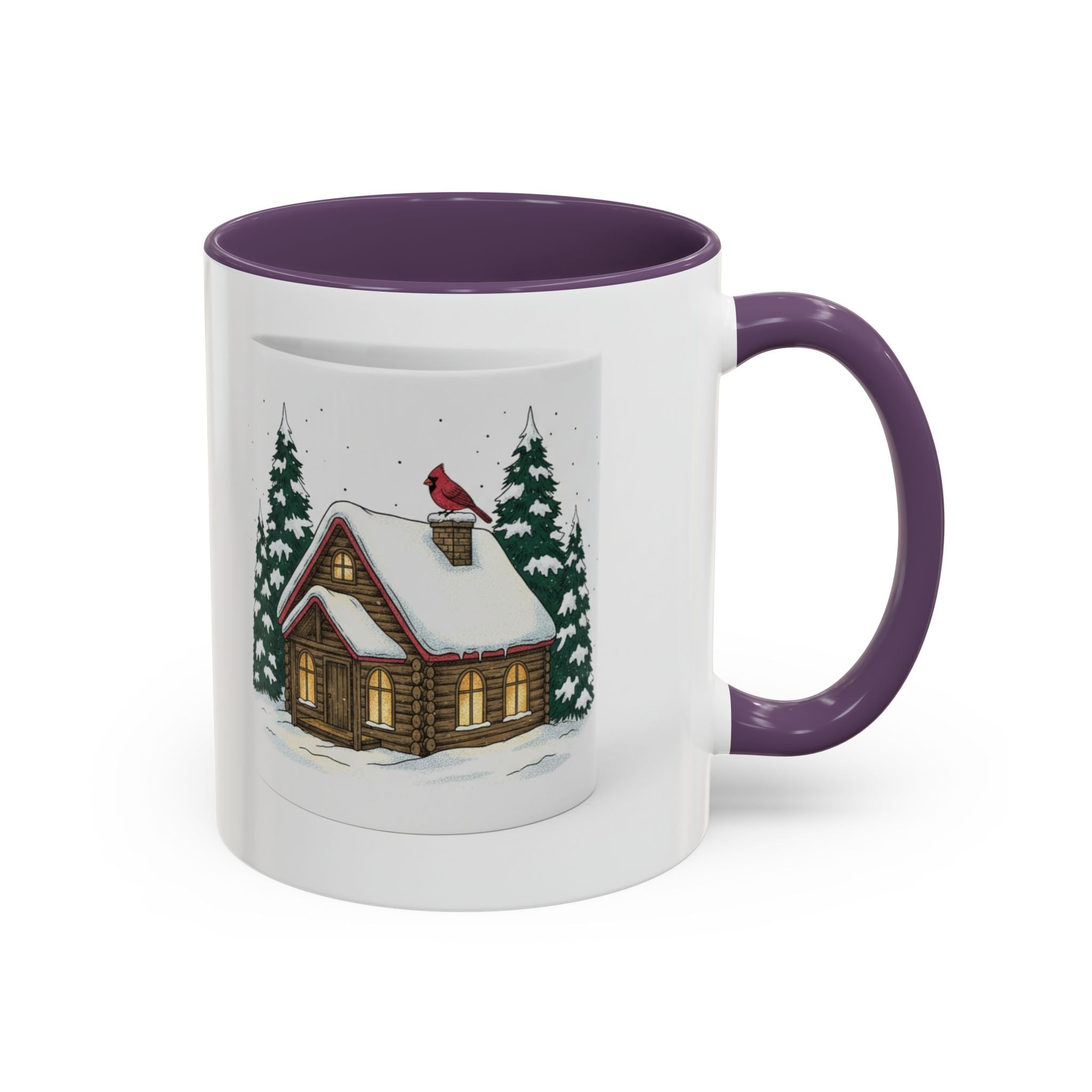 Winter Cabin Coffee Mug — Snowy Log Cottage with Cardinal Accent (11/15oz)