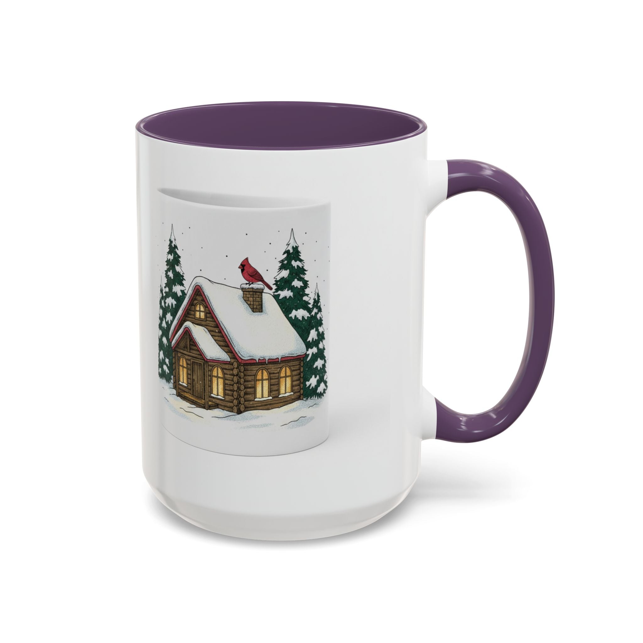 Winter Cabin Coffee Mug — Snowy Log Cottage with Cardinal Accent (11/15oz)
