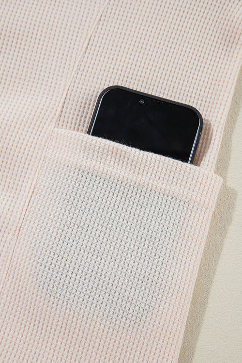 Pink Waffle Long Sleeve Collared Half Button Relaxed Fit Top