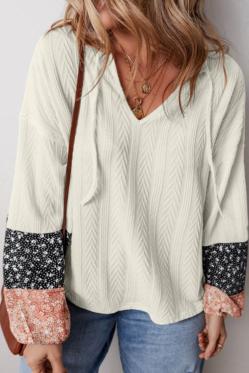 Floral Patchwork Textured Knit V-Neck Blouse