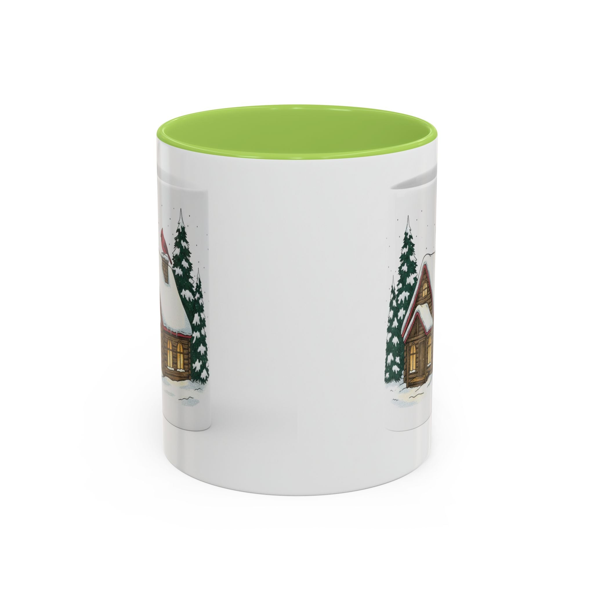 Winter Cabin Coffee Mug — Snowy Log Cottage with Cardinal Accent (11/15oz)
