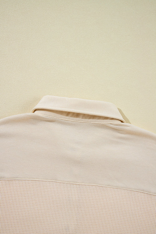 Pink Waffle Long Sleeve Collared Half Button Relaxed Fit Top