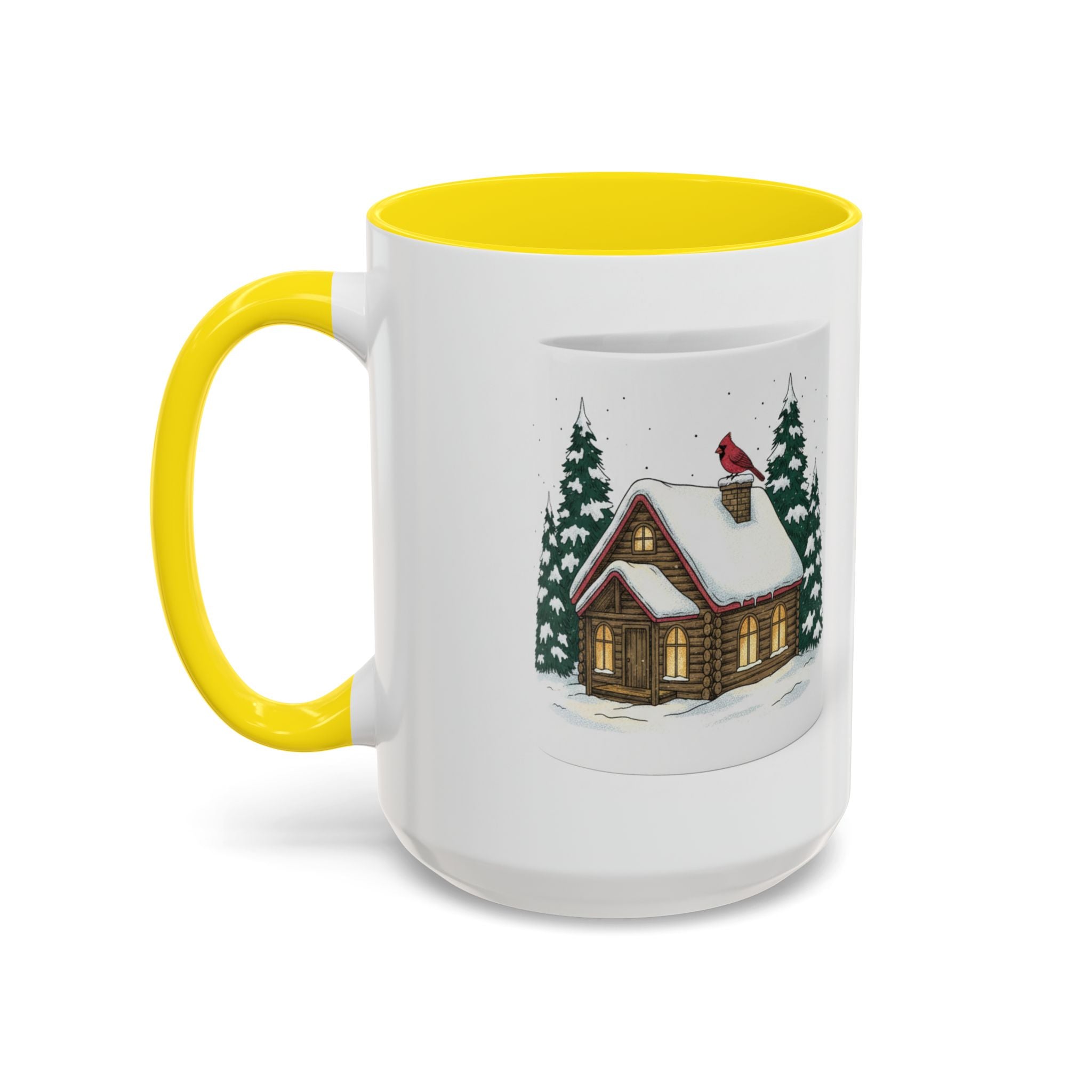 Winter Cabin Coffee Mug — Snowy Log Cottage with Cardinal Accent (11/15oz)