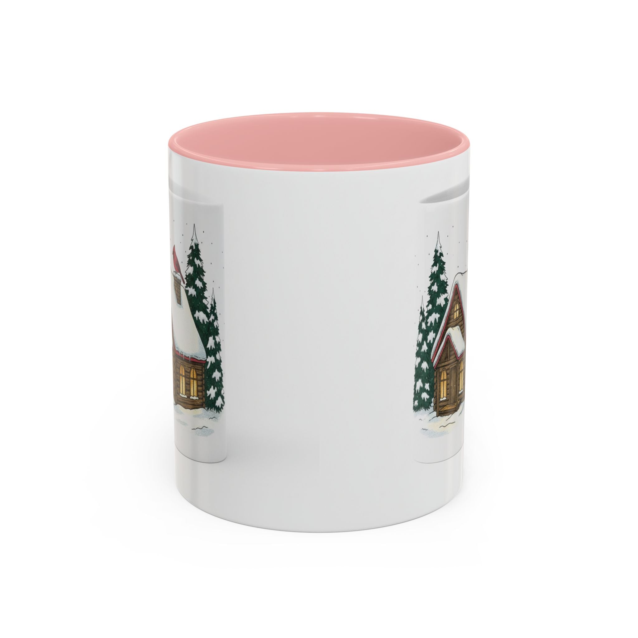 Winter Cabin Coffee Mug — Snowy Log Cottage with Cardinal Accent (11/15oz)