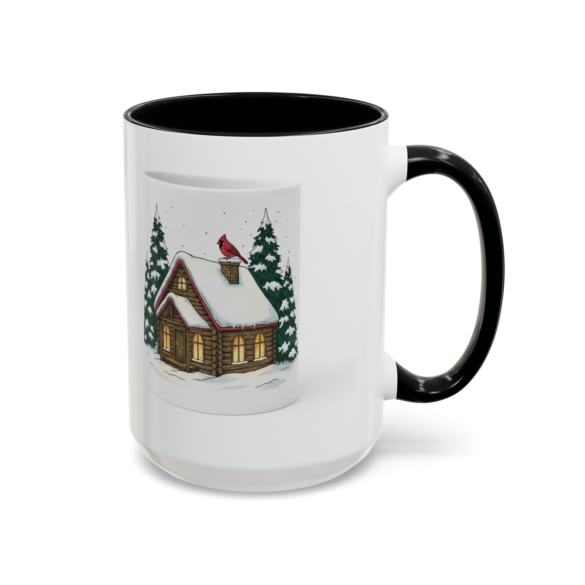 Winter Cabin Coffee Mug — Snowy Log Cottage with Cardinal Accent (11/15oz)