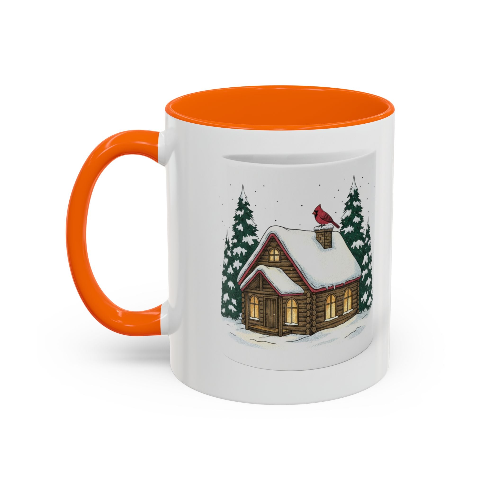 Winter Cabin Coffee Mug — Snowy Log Cottage with Cardinal Accent (11/15oz)