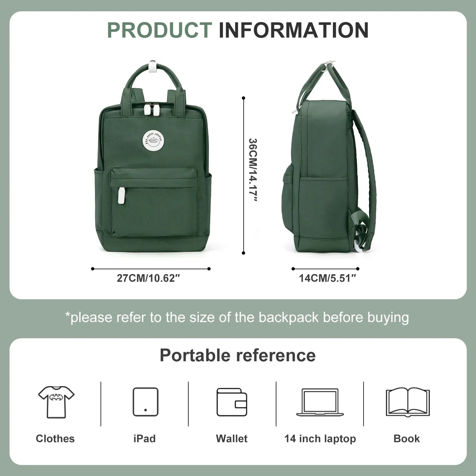 NNEOBA School Nylon Backpack for Teens and Women (Olive)