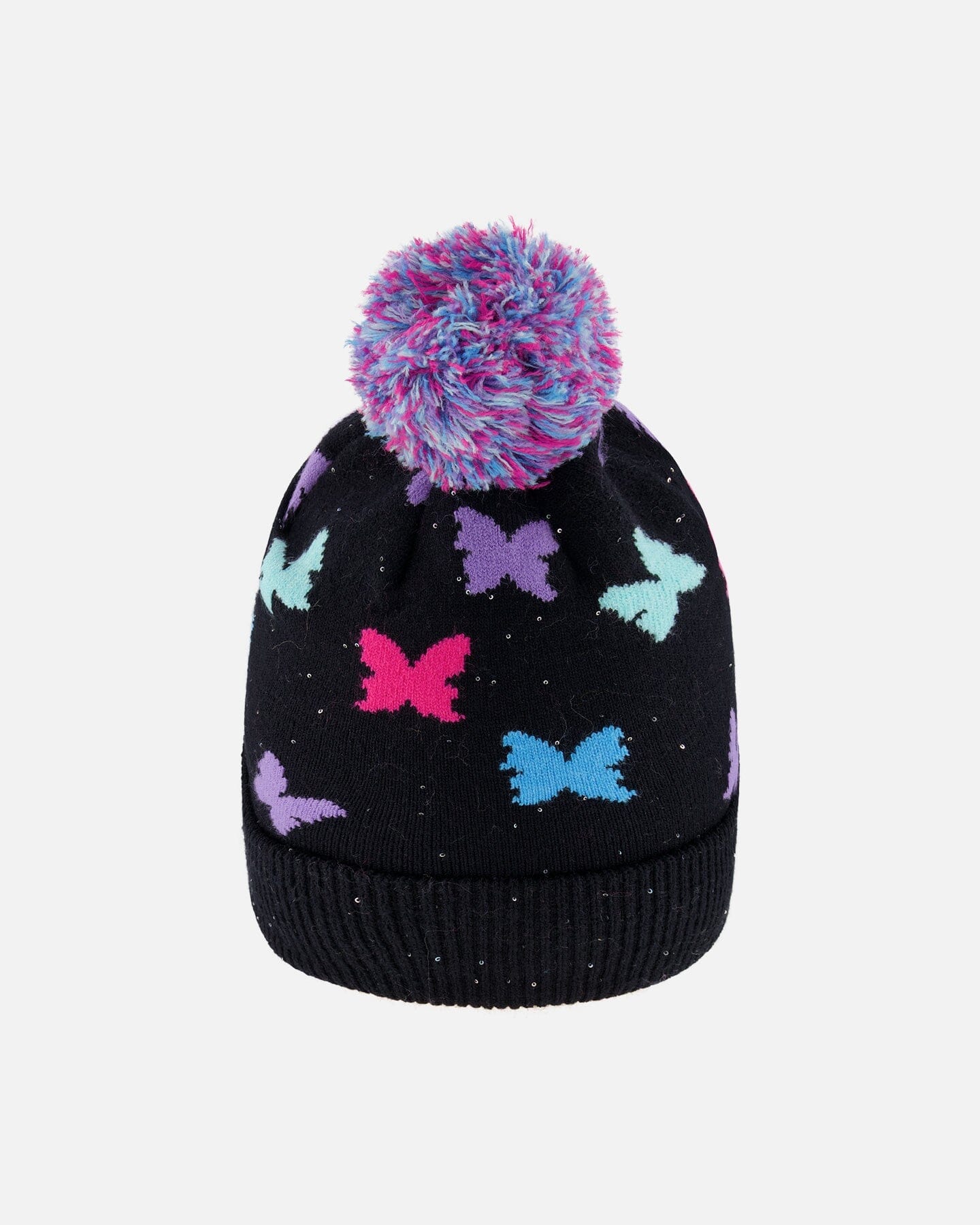 Lined Knit Pompom Hat Black Butterfly Pattern