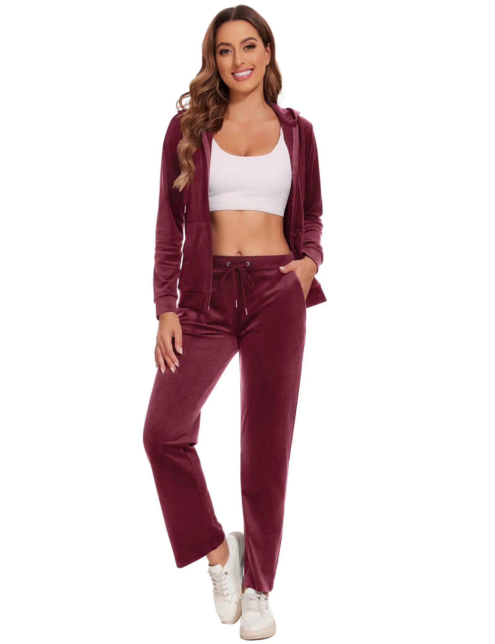 ROYAL MATRIX Womens Velour Tracksuit - 2 Pieces Velour Sweatsuits Velvet Track Suits Set Full Zip Hoodie & Sweatpants Sets Wine RedM
