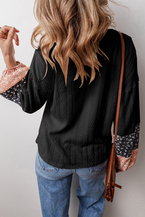 Floral Patchwork Textured Knit V-Neck Blouse