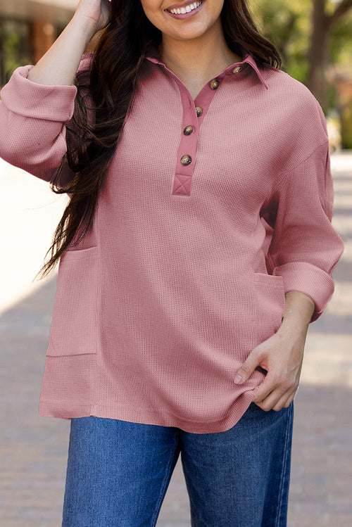 Pink Waffle Long Sleeve Collared Half Button Relaxed Fit Top