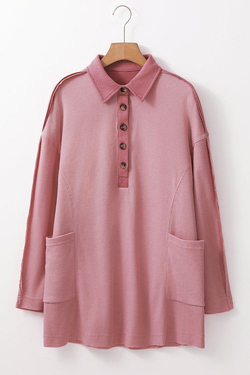 Pink Waffle Long Sleeve Collared Half Button Relaxed Fit Top