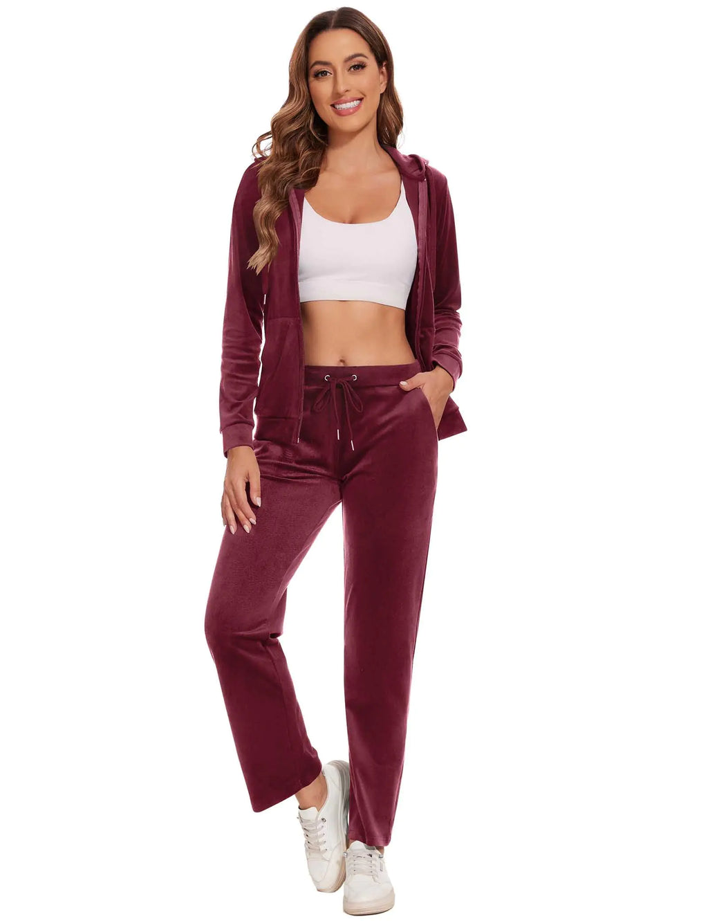 ROYAL MATRIX Womens Velour Tracksuit - 2 Pieces Velour Sweatsuits Velvet Track Suits Set Full Zip Hoodie & Sweatpants Sets Wine RedM
